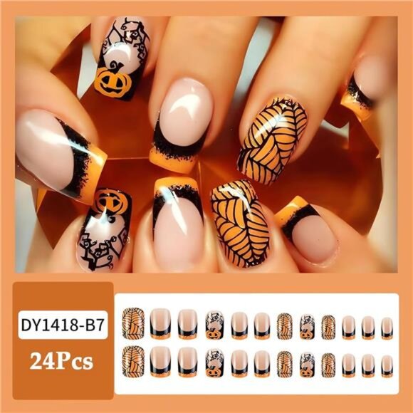 Medium Square Halloween Press On Nails - Black Spider Web - Picture 3 of 8